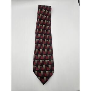 Fenzia Men's 100% Silk Handmade Tie Red Gold Square Rectangle Pattern 60"‎